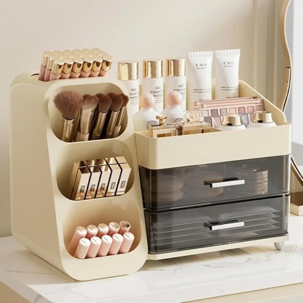 New Cream White Makeup Organizer, Large Drawer Vanity Storage for Cosmetics